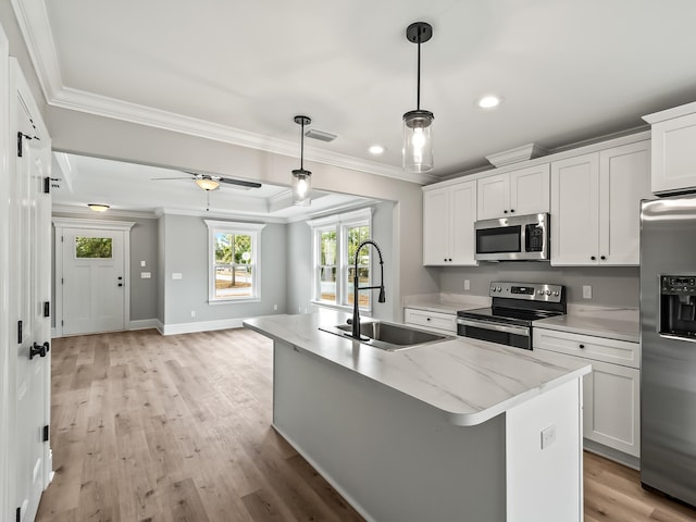 kitchen featuring sink, white cabinetry, stainless steel appliances, and a kitchen island with sink