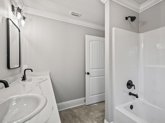 bathroom featuring crown molding, shower / washtub combination, and vanity