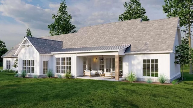 rear view of house with a patio, outdoor lounge area, a lawn, and ceiling fan