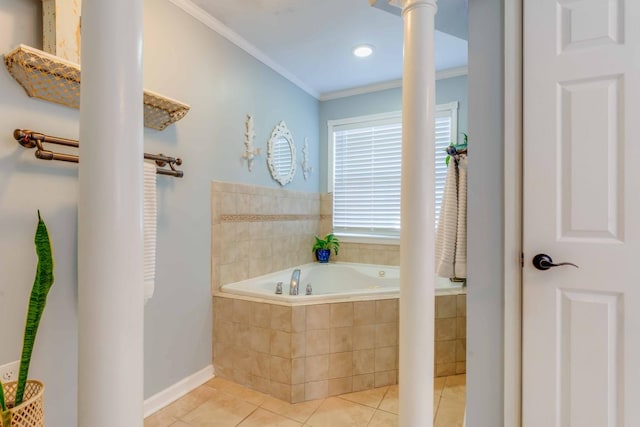 bathroom with a relaxing tiled tub, tile patterned floors, and ornamental molding