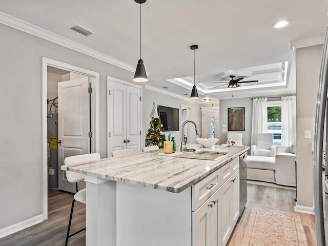 kitchen with white cabinetry, sink, ceiling fan, an island with sink, and a tray ceiling