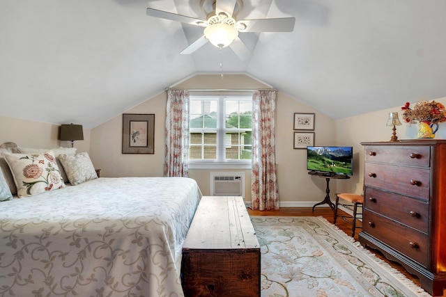 1540 Isabel Ct, Tallahassee, FL 32303 - bedroom featuring wood finished floors, a wall mounted air conditioner, lofted ceiling, and a ceiling fan