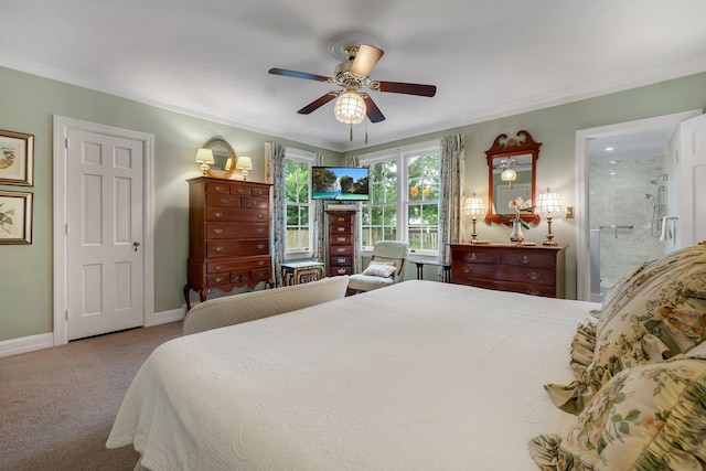 1540 Isabel Ct, Tallahassee, FL 32303 - carpeted bedroom with ornamental molding, a ceiling fan, and ensuite bath