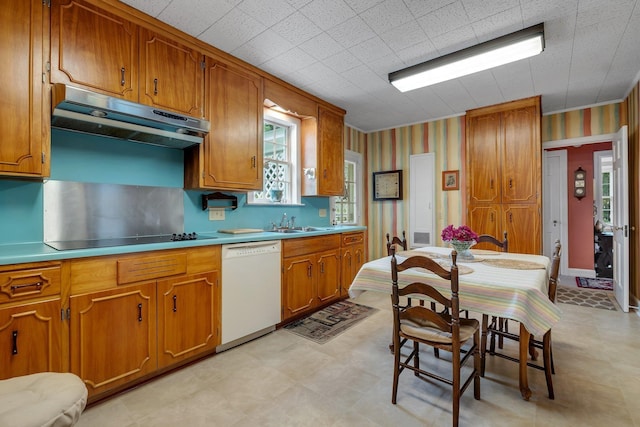 1540 Isabel Ct, Tallahassee, FL 32303 - kitchen featuring dishwasher, under cabinet range hood, wallpapered walls, brown cabinetry, and black electric cooktop