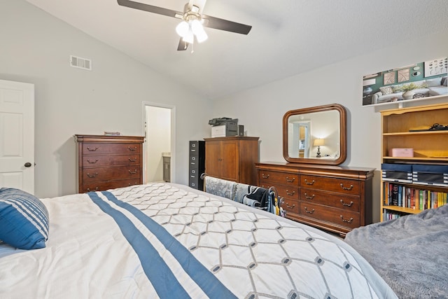 bedroom with ceiling fan and vaulted ceiling