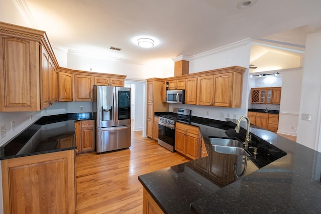 kitchen featuring sink, light hardwood / wood-style flooring, ornamental molding, and appliances with stainless steel finishes