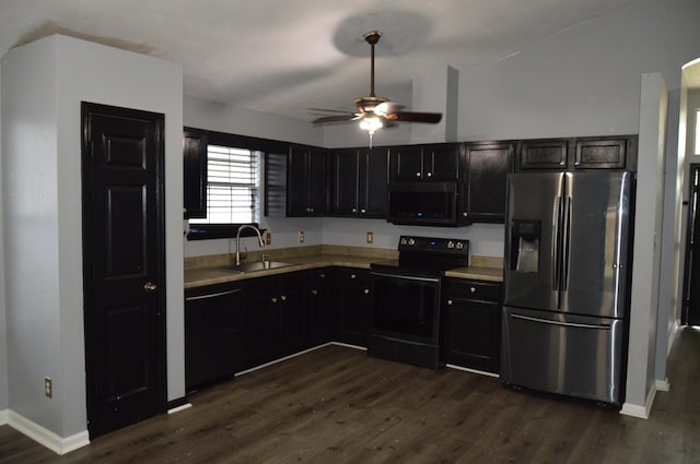 kitchen with dark hardwood / wood-style flooring, sink, ceiling fan, and black appliances