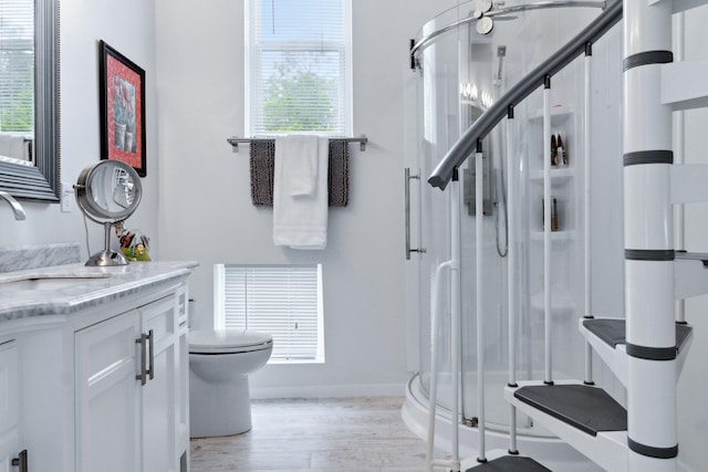 bathroom with toilet, vanity, hardwood / wood-style floors, and a shower with door