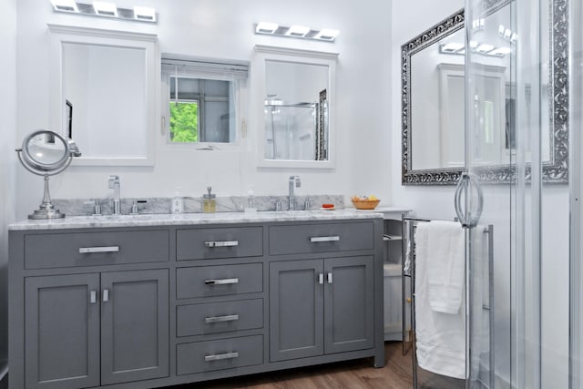 bathroom featuring wood-type flooring, vanity, and a shower with door