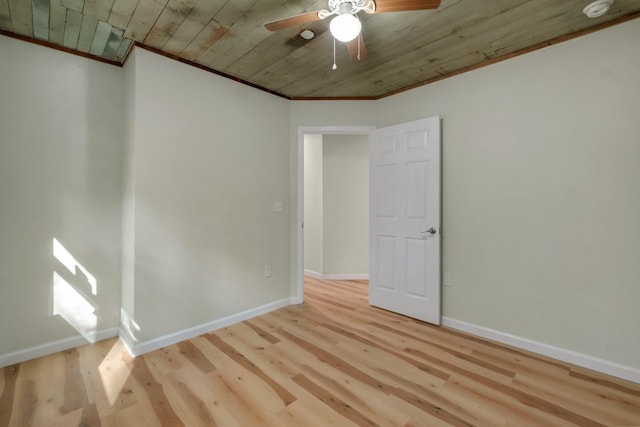 empty room with ceiling fan, wooden ceiling, and light hardwood / wood-style flooring