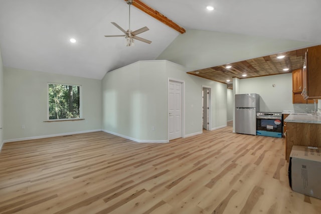 unfurnished living room featuring beamed ceiling, ceiling fan, high vaulted ceiling, and light hardwood / wood-style flooring