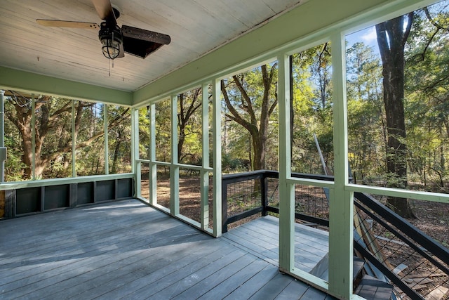 unfurnished sunroom featuring ceiling fan and wood ceiling