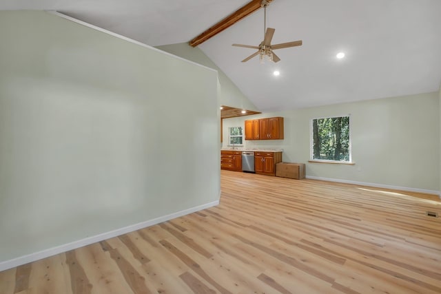 unfurnished living room featuring beam ceiling, high vaulted ceiling, light hardwood / wood-style flooring, and ceiling fan