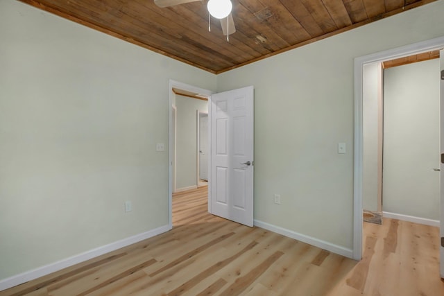 unfurnished bedroom with ceiling fan, ornamental molding, wood ceiling, and light wood-type flooring