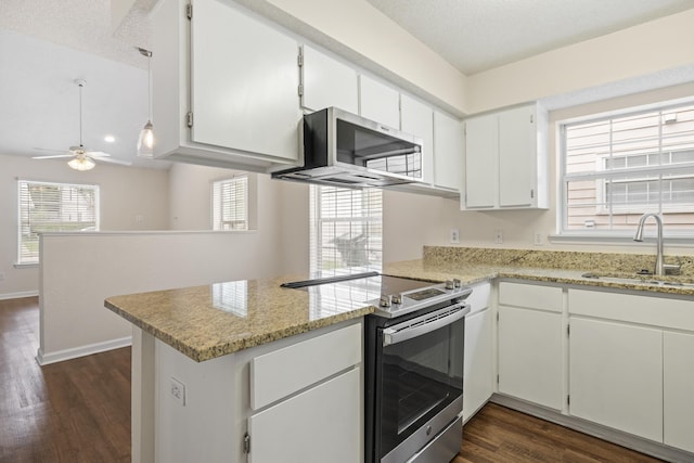 3068 Royal Palm Way, Tallahassee, FL 32309 - kitchen with a sink, appliances with stainless steel finishes, a peninsula, dark wood-style flooring, and white cabinetry