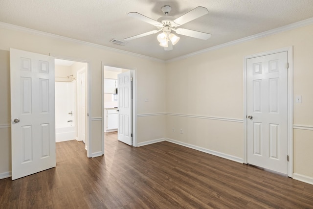 3068 Royal Palm Way, Tallahassee, FL 32309 - unfurnished bedroom featuring dark wood-style flooring, ornamental molding, baseboards, a textured ceiling, and ceiling fan