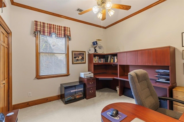 carpeted home office with ornamental molding and ceiling fan