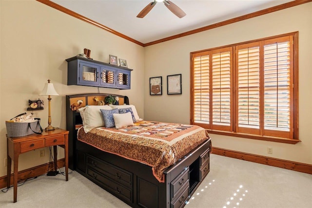 bedroom featuring crown molding, ceiling fan, light carpet, and multiple windows