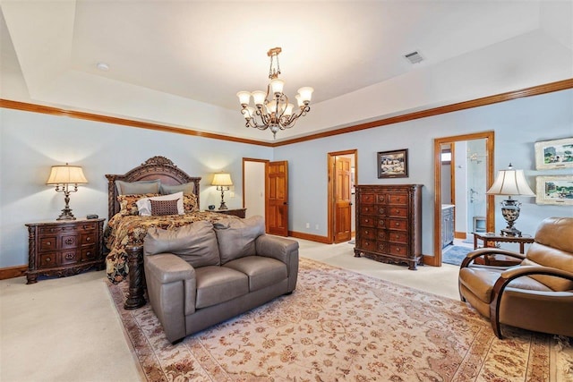 bedroom featuring a raised ceiling, ensuite bathroom, light colored carpet, and a notable chandelier