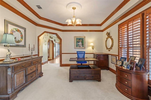 living area with light carpet, crown molding, and a healthy amount of sunlight