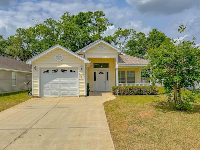 ranch-style home featuring concrete driveway, an attached garage, roof with shingles, and a front yard