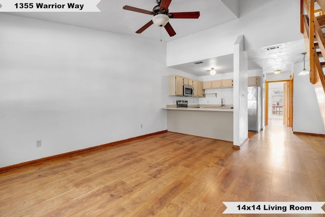 1355 Warrior Way Unit 67, Tallahassee, FL 32304 - unfurnished living room with ceiling fan, light wood-style flooring, baseboards, and a sink
