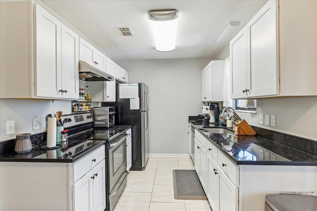 kitchen with stainless steel electric stove, white cabinets, light tile patterned floors, and sink