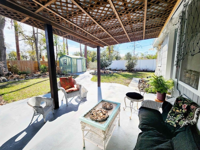 view of patio with a shed