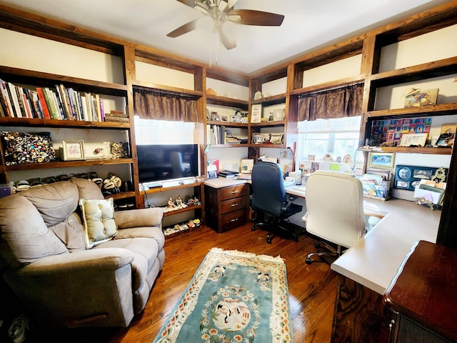 office area featuring hardwood / wood-style flooring and ceiling fan