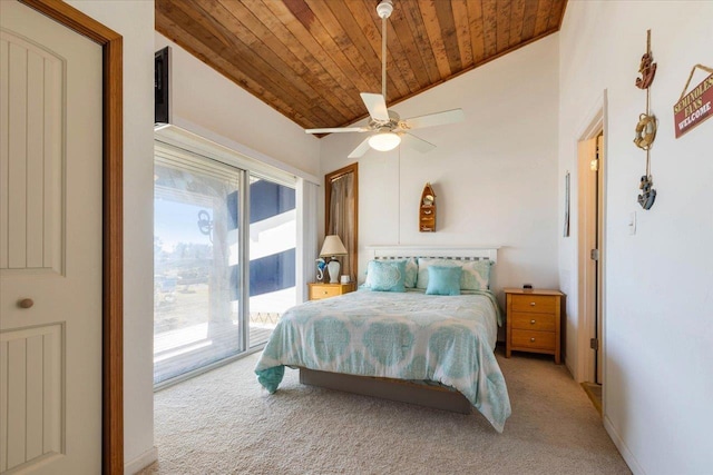 17 Harbour Point Dr, Crawfordville, FL 32327 - bedroom featuring wooden ceiling, light carpet, access to exterior, lofted ceiling, and a ceiling fan