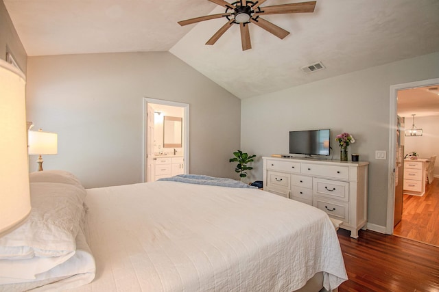 1682 Copperfield Cir, Tallahassee, FL 32312 - bedroom featuring wood finished floors, vaulted ceiling, ceiling fan, and connected bathroom