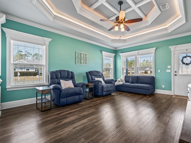 living area with dark wood finished floors, visible vents, and plenty of natural light