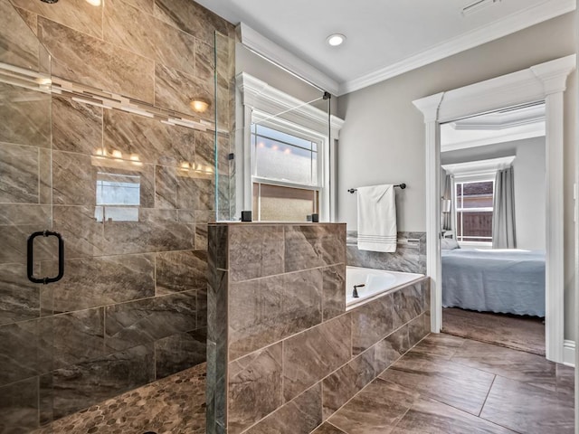 full bath with a garden tub, ensuite bath, ornamental molding, and a shower stall