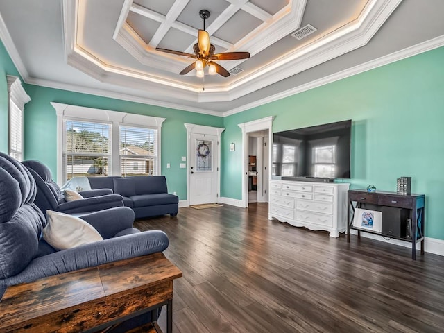 living room with coffered ceiling, visible vents, a ceiling fan, baseboards, and dark wood-style floors