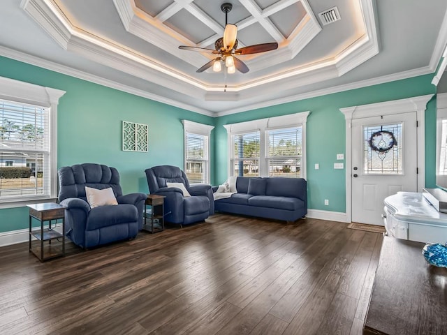 living area featuring dark wood-style flooring, a healthy amount of sunlight, visible vents, and baseboards