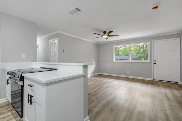 2212 Berkshire Dr, Tallahassee, FL 32304 - kitchen with light countertops, a ceiling fan, visible vents, electric stove, and light wood finished floors