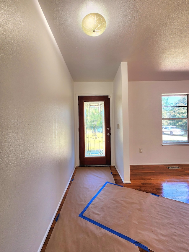 doorway to outside featuring hardwood / wood-style floors, a wealth of natural light, and a textured ceiling