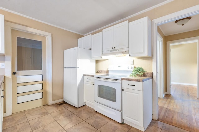 450 W Dogwood St, Monticello, FL 32344 - kitchen featuring white appliances, white cabinets, ornamental molding, light countertops, and under cabinet range hood