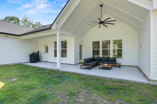 1020 Baum Rd, Tallahassee, FL 32317 - back of house with a patio area, outdoor lounge area, a yard, and a ceiling fan