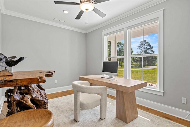 1020 Baum Rd, Tallahassee, FL 32317 - office area with light wood-style flooring, ornamental molding, baseboards, and a ceiling fan