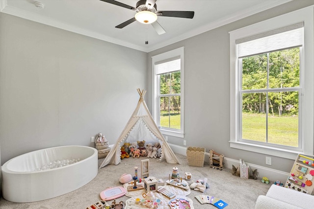 1020 Baum Rd, Tallahassee, FL 32317 - game room featuring crown molding, carpet flooring, and ceiling fan