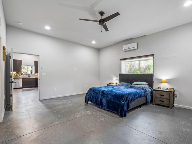 bedroom with a wall mounted AC and ceiling fan