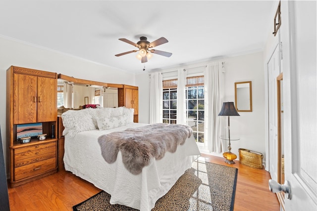 bedroom with multiple windows, crown molding, ceiling fan, and light wood-type flooring