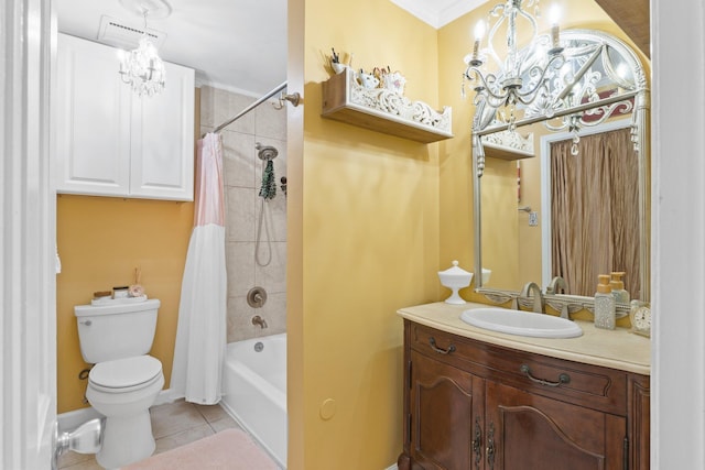 full bathroom with tile patterned floors, toilet, vanity, shower / bathtub combination with curtain, and a notable chandelier