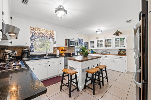 kitchen featuring stainless steel appliances, white cabinetry, sink, and ventilation hood