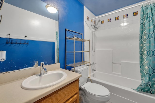 full bathroom with shower / bathtub combination with curtain, vanity, and toilet