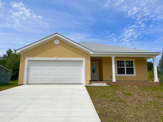 ranch-style home with a garage, covered porch, driveway, and stucco siding