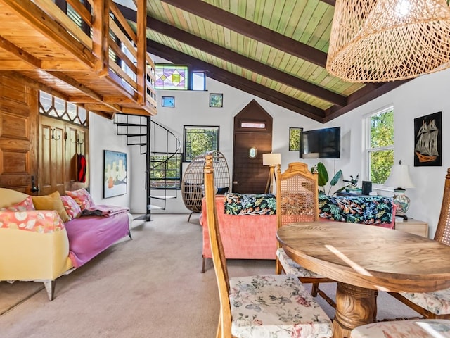 carpeted living room featuring beamed ceiling, high vaulted ceiling, and wood ceiling