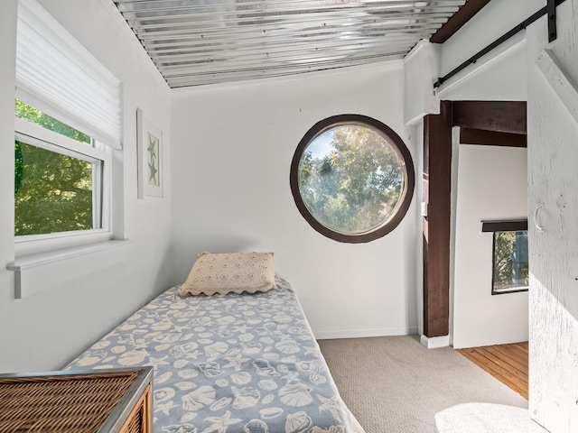 carpeted bedroom featuring a barn door