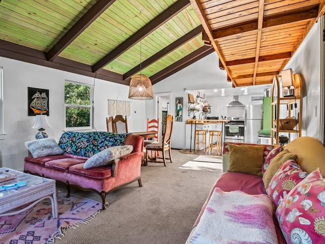 living room with light carpet, beam ceiling, high vaulted ceiling, and wooden ceiling